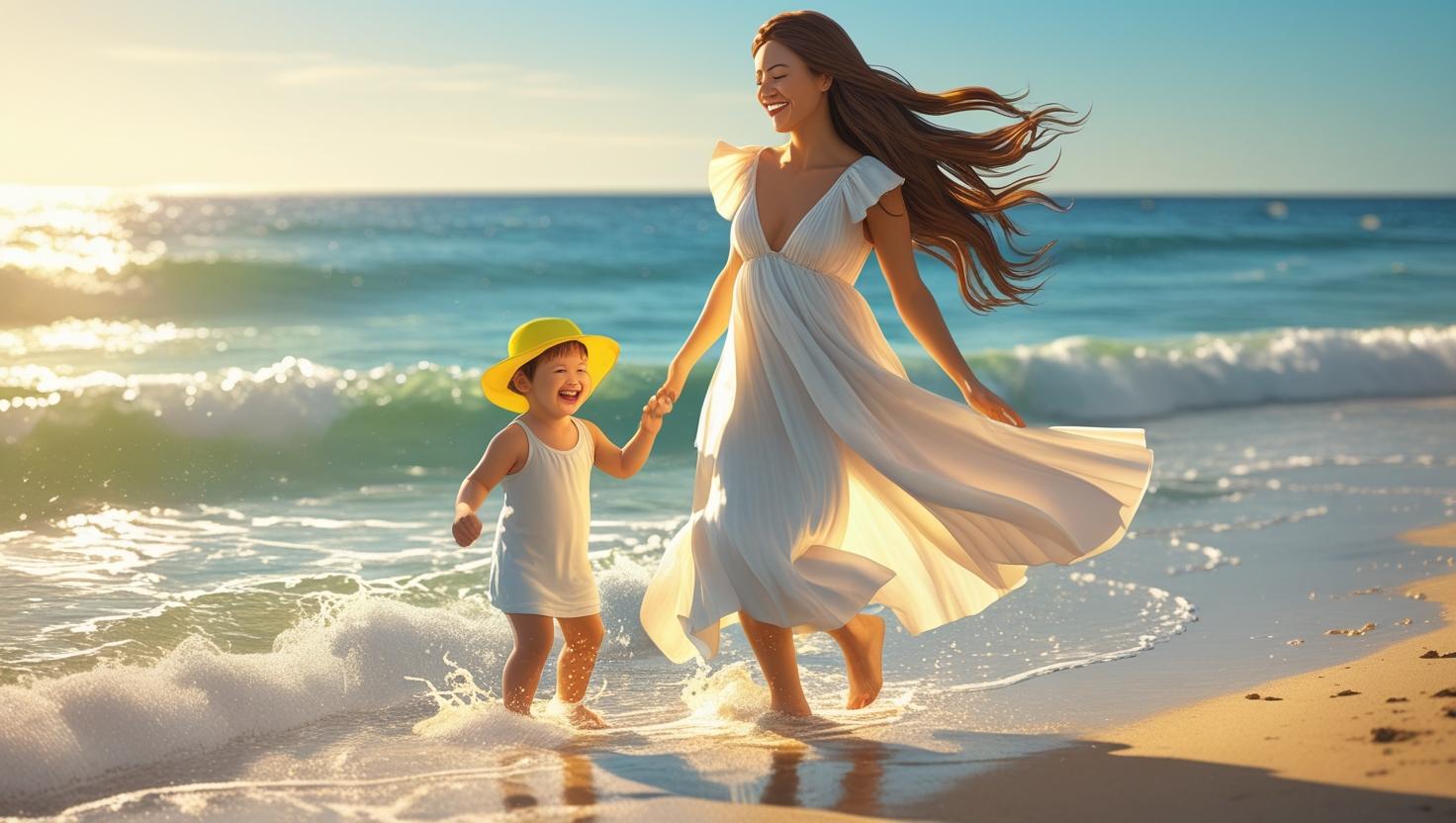 UNE femme qui danse sur la plage avec son enfant vaincre sa timidité mon enfant est timide marie lucas psychologue coaching hypnose ebook produit digital equilibre vie de famille